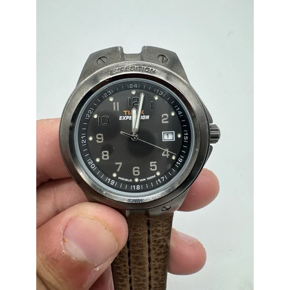 Timex Expedition Indiglo Mens Watch Brown Leather Strap Gunmetal Case WR 100M
